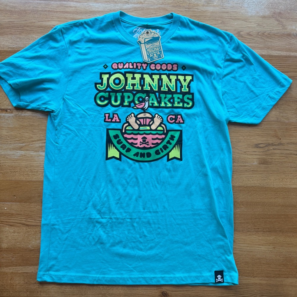 Johnny Cupcakes Surf and Girth LA CA Graphic T-Shirt Mens‎ Large Turquoise Blue